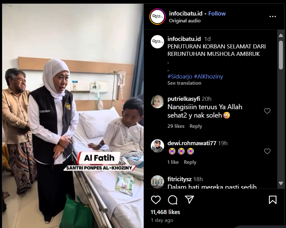 Gubernur Khofifah jenguk Alfatih dan para korban Ponpes Al Khoziny